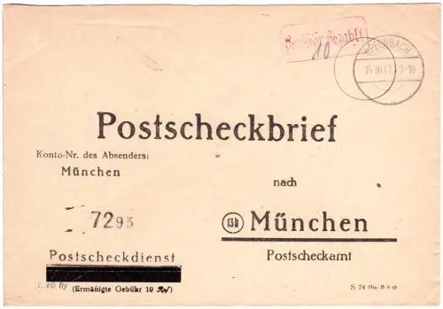 1947, Gebühr bezahlt "10" auf Postscheckbrief v. Opfenbach
