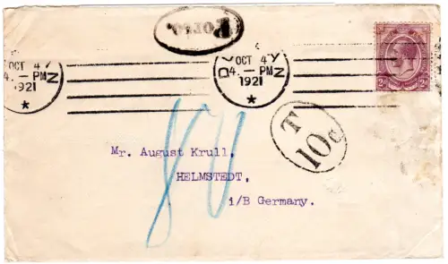Südafrika 1921, 2d auf Brief v. Durban m. Deutschland Infla-Porto 80 Pfg.