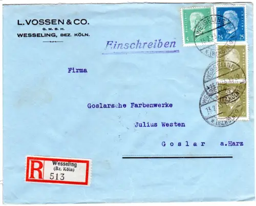 DR 1933, 5+26+2x6 Pf. auf Firmen Einschreiben Brief v. Wesseling (Bez. Köln)