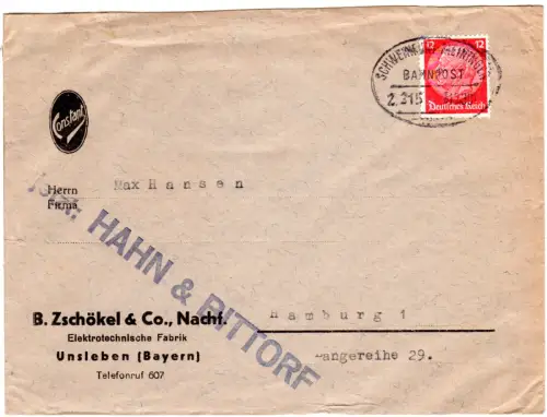 DR 1938, 12 Pf. auf Firmen Brief v. Unsleben m. Bahnpost Schweinfurt-Meiningen