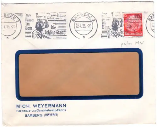 DR 1936, 12 Pf. m. perfin auf Firmenbrief v. Bamberg