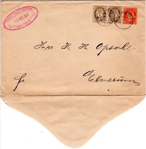 Norwegen 1882, 3+Paar 1 öre auf offen versendetem Brief v. Christiania 