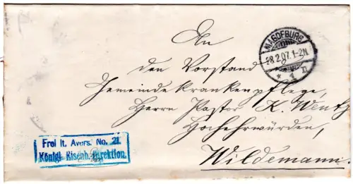 DR 1907, Frei lt. Avers No. 21 Kgl. Eisenbahn Direktion auf Brief v. Magdeburg