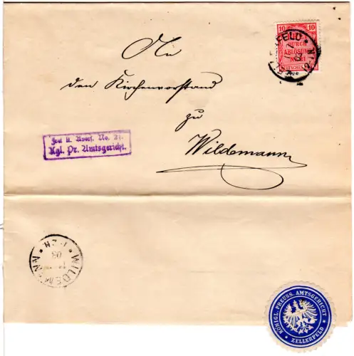 DR 1903, 10 Pf. Zähldienstmarke auf Brief Frei lt. Avers No. 21 v. Zellerfeld
