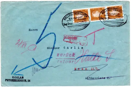 DR 1932, 3x3 Pf. auf Brief m. Bahnpost Halle-Hannover u. Wien Porto+Retour