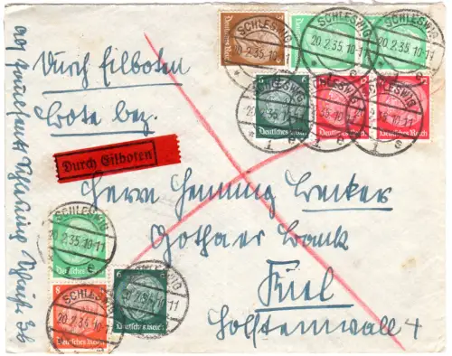 DR 1935, ausgabenreine Frankatur m. 9 Marken auf Eilboten Brief v. Schleswig