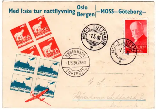 Norwegen 1936, 20 öre Nansen auf Nachtflug-Karte v. Moss Lufthavn n. Kopenhagen