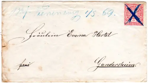 NDP 1869, 1 Gr. auf Bahnpost Brief m. hds. Entwertung Bhf. Vienenburg 1/.69