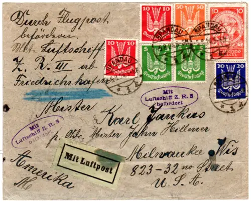 DR 1924, 7 Marken auf Z.R.3 Zeppelin Brief v. Spandau n. USA