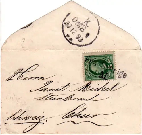 Schweden 1894, 5 öre auf kl. Bref i.d. Schweiz m. Schiffspost-L2 Fra Sverige M.