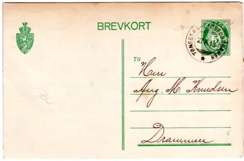 Norwegen 1913, 5 öre Ganzsache v. Brakke m. Bahnpoststpl. Tönsberg-Eidsfossbanen