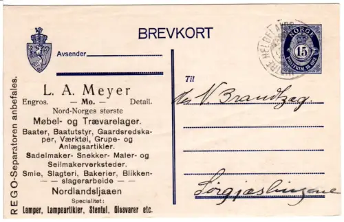 Norwegen, 15 öre Ganzsache m. Schiffspoststpl. Mittre Helgeland v. Mo n Schweden