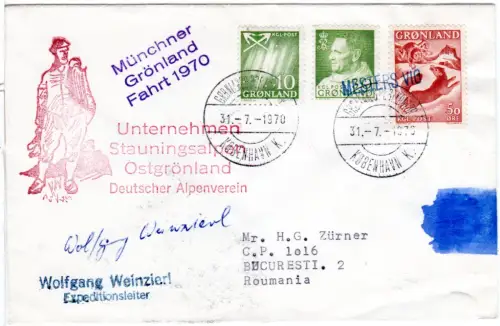 Grönland 1970, 3 Marken auf Expedition Brief m. L1 Mesters Vig n. Rumänien