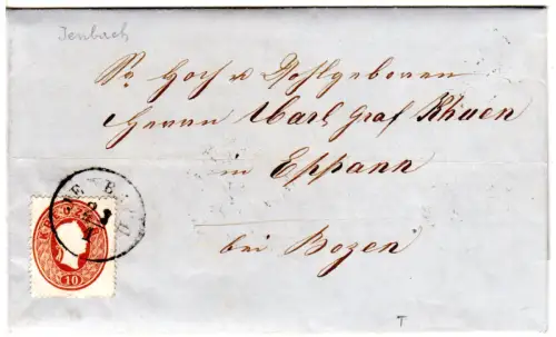 Österreich 1862, 10 Kr. auf Brief m. Tirol-K1 Jenbach n. Eppan bei Bozen