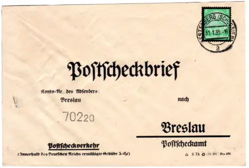 DR 1935, 5 Pf. auf Postscheckbrief v. Festenberg (Schlesien)