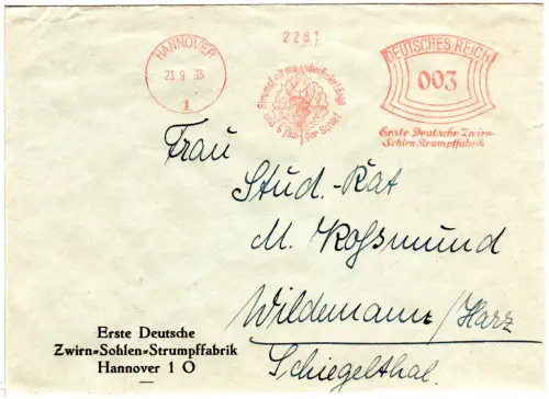 DR 1935, 3 Pf. AFSt. Erste Dt. Strumpffabrik Brief v. Hannover m. Abb. Schlange
