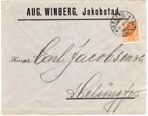 Finnland 1900, 20 P. auf Firmen Brief v. Jakobstad m. Bahnpost KPXP No.28