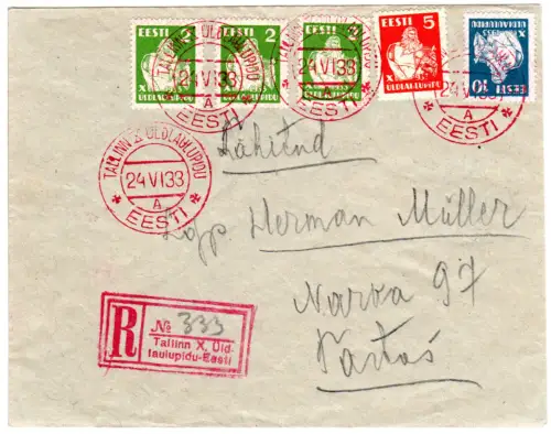 Estland 1933, 5 Werte Sängerfest auf Reko-Brief m. entspr. Sonder- u. R-Stpl.