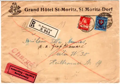 Schweiz 1927, 1,50 Fr.+20 C. auf Einschreiben-Eilboten Hotel-Brief v. St. Moritz