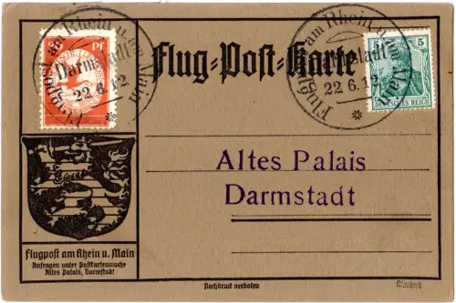 DR 1912, Flugpost am Rhein u. am Main, offizielle Karte m. Stpl. Darmstadt 22.6.