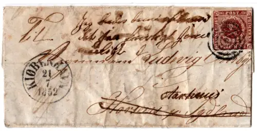 Dänemark 1852, voll-/breitrandige 4 RBS auf Nachsende-Brief v. Kopenhagen