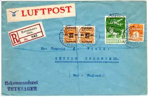 Dänemark 1925, 1+Paar 27+10 öre Flug auf Einschreiben Luftpost Brief n. GB