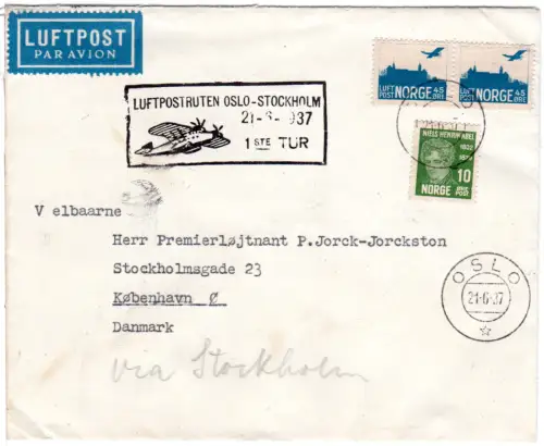 Norwegen 1937, 2x45+10 öre auf Erstflug-Brief v. Oslo via Stockholm n. Dänemark