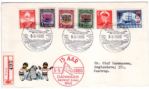 Grönland 1960, 6 Marken auf Einschreiben Brief v. SDR. Strömfjord