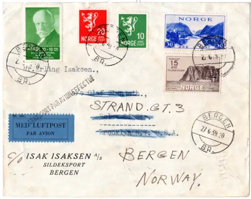 Norwegen 1939, 5 Marken auf Luftpost Brief v. Bergen n. USA u. zurück