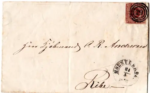 Dänemark 1853, voll-/breitrandige 4 RBS auf Brief v. 29 Holstebro n. Ribe