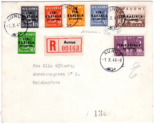 Finnland 1941, Ostkarelien Ausgabe kpl. auf Einschreiben FDC v. Aunus