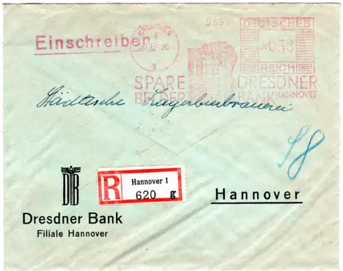 DR 1936, 38 Pf. AFSt. Dresdner Bank auf Einschreiben Orts-Brief v. Hannover