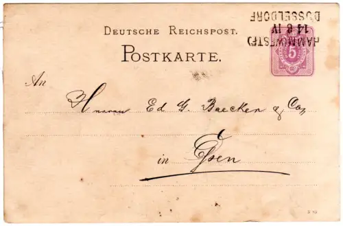 DR 1883, Bahnpost L3 Hamm-Düssldorf aif Firmenkarte v. Horst b. Steele