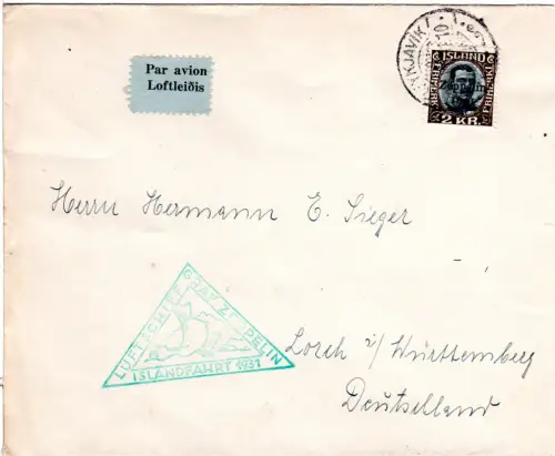 Island 1931, 2 Kr. Zeppelin auf Isalndfahrt Brief v. Reykjavik
