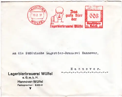 DR 1937, 8 Pf. AFSt. Lagerbierbrauerei Wülfel auf Brief n. Hannover