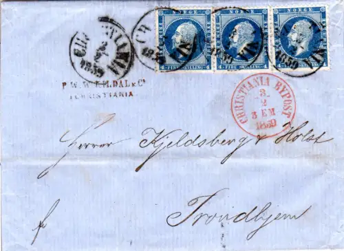 Norwegen 1959, roter K1 Christiania Bypost auf Brief m. 3x4 Sk. n. Trondhjem