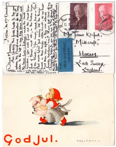 Norwegen 1939, 15+20 öre Nansen auf Luftpost Jul Karte v. Skien n. GB
