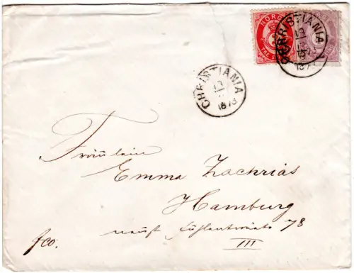 Norwegen 1873, 3+4 Sk. auf Brief v. Christiania n. Deutschland