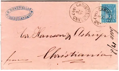 Norwgen 1867, 4 Sk. auf  rosarotem Firmen Brief v. Christianssand