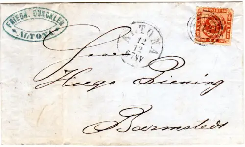 Dänemark 1863, 4 Sk. durchst. auf Brief v. 113 Atona via Elmshorn n. Barmstedt