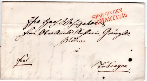 Württemberg 1848, roter L2 Spaichingen klar auf Franko Brief n. Tübingen