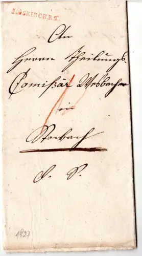 Baden 1839, roter L1 MÖSKIRCH R.2 klar auf Brief v. Rohrdorf n. Stockach