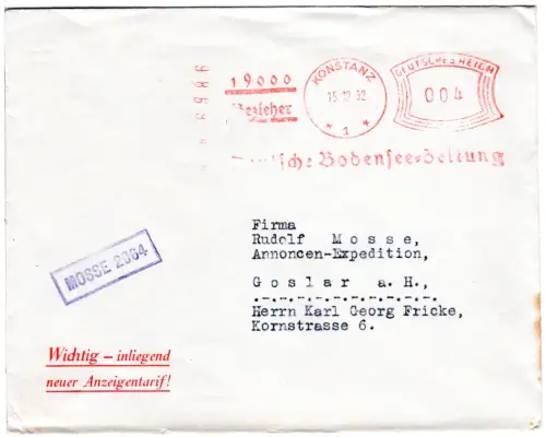 DR 1932, 4 Pf. AFSt. Bodense-Zeitung auf Brief v. Konstanz