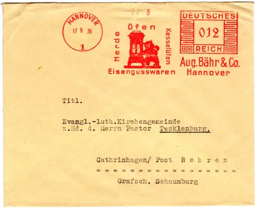 DR 1936, 12 Pf. AFSt. Eisengusswaren A. Bähr auf Brief v. Hannover m. Abb. Bär