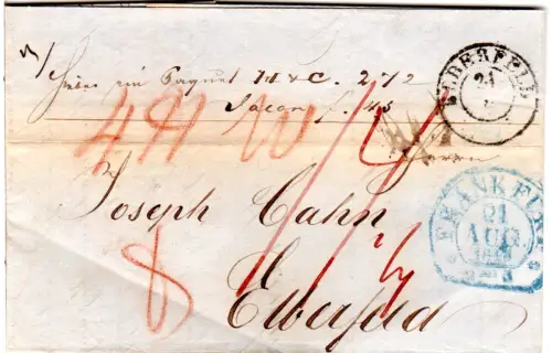Taxis 1848, blauer Segmentstpl. Frankfurt auf Paket Brief n. Preussen