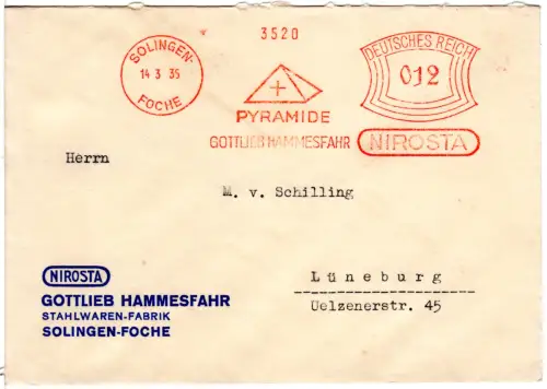 DR 1935, 8 Pf. AFSt. Pyramide Hammesfahr Stahl auf Brief v. Solingen-Foche