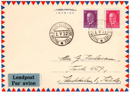Estland 1937, Sonderstpl. Tallinn IV Eesti Filatelistide Päev auf Luftpostkarte 