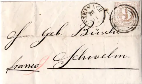 Taxis 1865, 9 Kr. auf Brief v. Steinach n. Preussen
