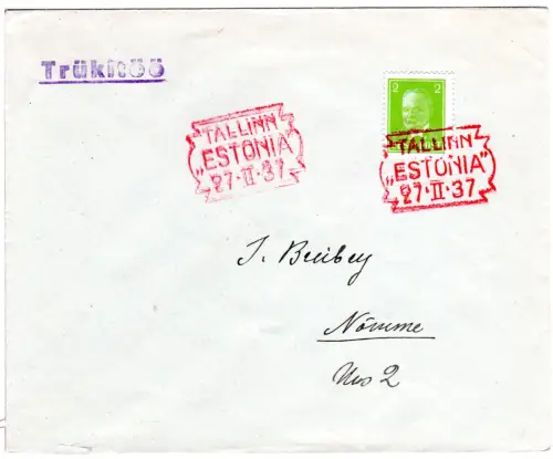 Estland 1937, red Sub-Post-Office cancel Tallinn "Estonia" on cover with 2 S.