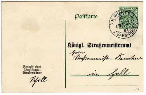 Württemberg 1913, 5 Pf. Straßenmeisteramt Ganzsache v. Gaildorf m. Bahnpost 67